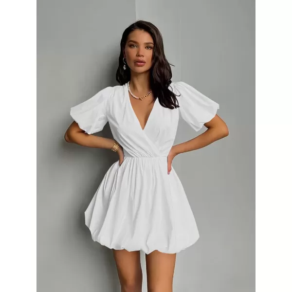 imagePRETTYGARDEN Womens Short Summer Dresses Casual Puffy Sleeve Wrap V Neck Ruffle Solid Color Flare DressWhite