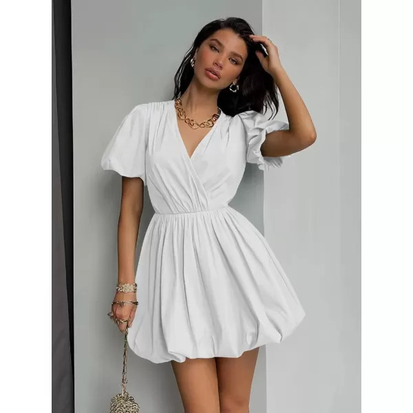 imagePRETTYGARDEN Womens Short Summer Dresses Casual Puffy Sleeve Wrap V Neck Ruffle Solid Color Flare DressWhite