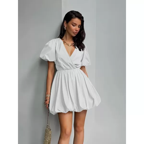imagePRETTYGARDEN Womens Short Summer Dresses Casual Puffy Sleeve Wrap V Neck Ruffle Solid Color Flare DressWhite