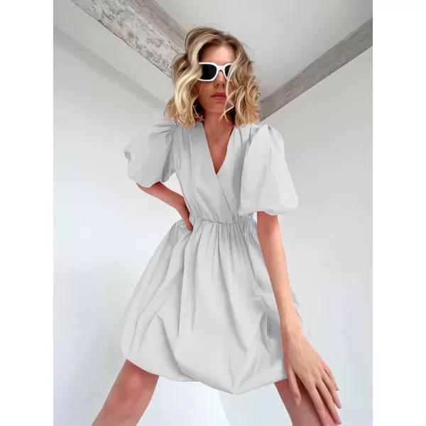 imagePRETTYGARDEN Womens Short Summer Dresses Casual Puffy Sleeve Wrap V Neck Ruffle Solid Color Flare DressWhite