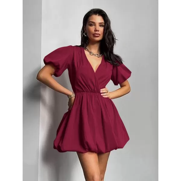 imagePRETTYGARDEN Womens Short Summer Dresses Casual Puffy Sleeve Wrap V Neck Ruffle Solid Color Flare DressWine Red