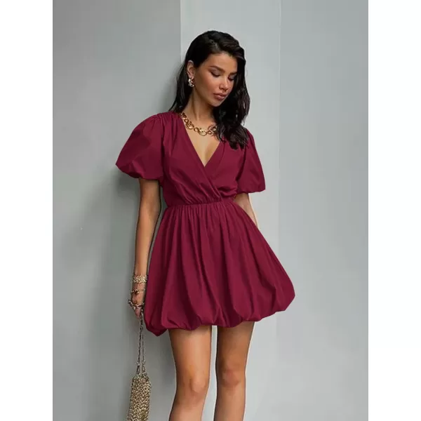 imagePRETTYGARDEN Womens Short Summer Dresses Casual Puffy Sleeve Wrap V Neck Ruffle Solid Color Flare DressWine Red