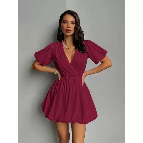 imagePRETTYGARDEN Womens Short Summer Dresses Casual Puffy Sleeve Wrap V Neck Ruffle Solid Color Flare DressWine Red