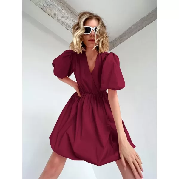 imagePRETTYGARDEN Womens Short Summer Dresses Casual Puffy Sleeve Wrap V Neck Ruffle Solid Color Flare DressWine Red