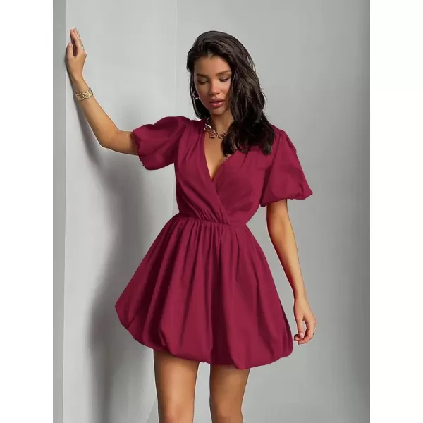 imagePRETTYGARDEN Womens Short Summer Dresses Casual Puffy Sleeve Wrap V Neck Ruffle Solid Color Flare DressWine Red