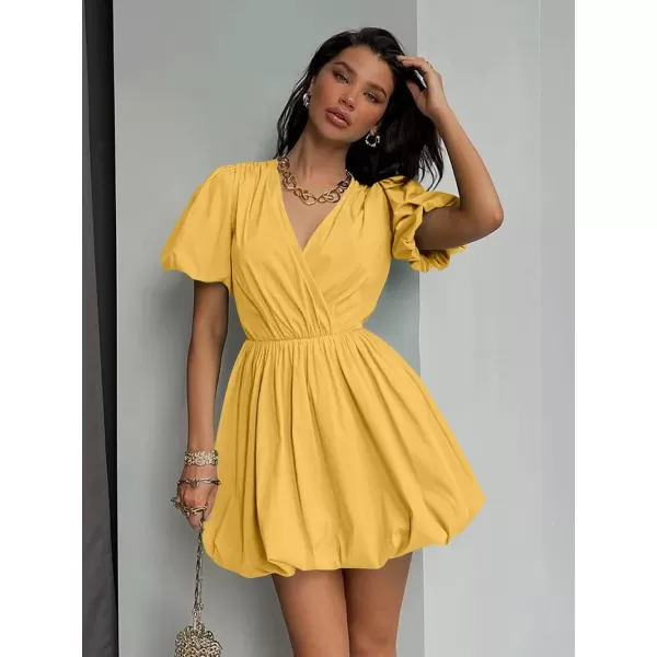 imagePRETTYGARDEN Womens Short Summer Dresses Casual Puffy Sleeve Wrap V Neck Ruffle Solid Color Flare DressYellow