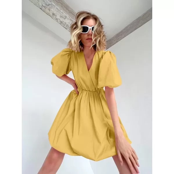 imagePRETTYGARDEN Womens Short Summer Dresses Casual Puffy Sleeve Wrap V Neck Ruffle Solid Color Flare DressYellow