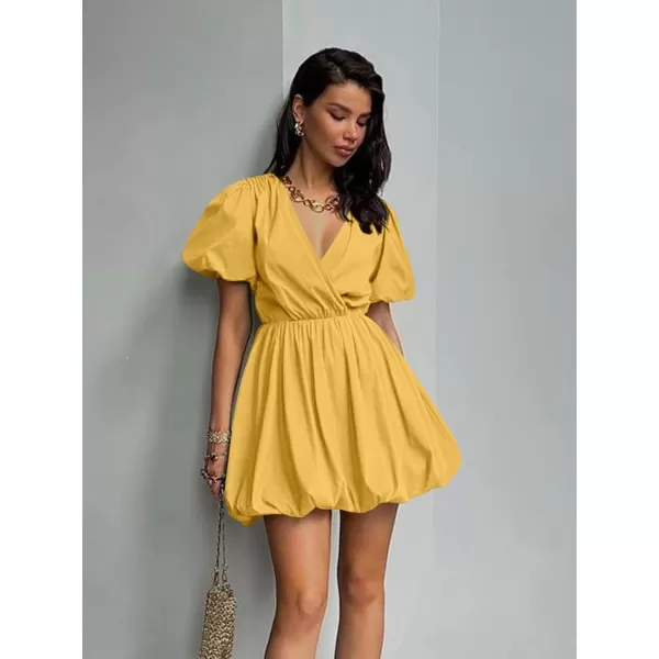 imagePRETTYGARDEN Womens Short Summer Dresses Casual Puffy Sleeve Wrap V Neck Ruffle Solid Color Flare DressYellow
