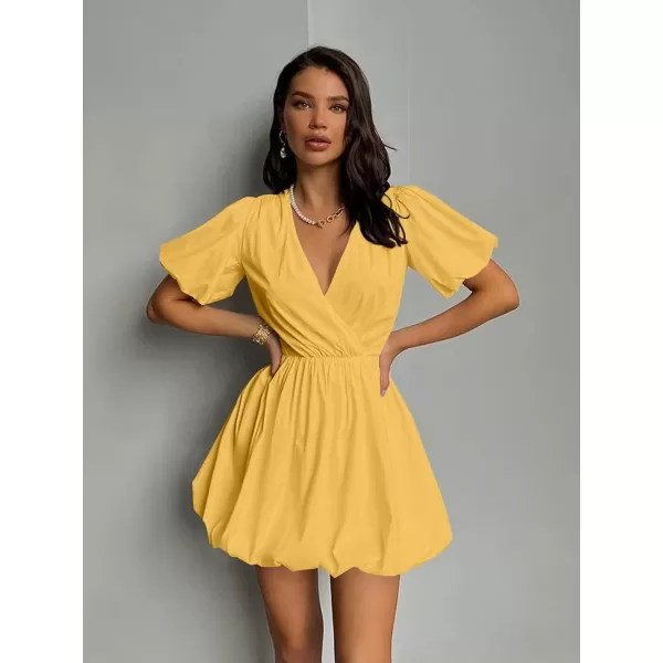 imagePRETTYGARDEN Womens Short Summer Dresses Casual Puffy Sleeve Wrap V Neck Ruffle Solid Color Flare DressYellow