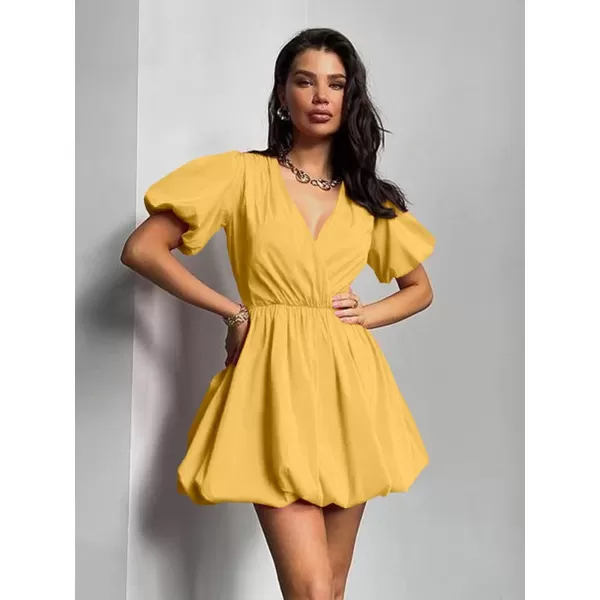 imagePRETTYGARDEN Womens Short Summer Dresses Casual Puffy Sleeve Wrap V Neck Ruffle Solid Color Flare DressYellow