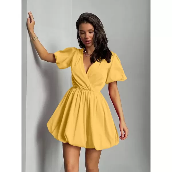 imagePRETTYGARDEN Womens Short Summer Dresses Casual Puffy Sleeve Wrap V Neck Ruffle Solid Color Flare DressYellow