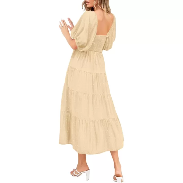imagePRETTYGARDEN Womens Spring Dresses 2024 Puff Sleeve V Neck Swiss Dot High Waist Chiffon Dress Tiered Smocked Maxi DressesBeige