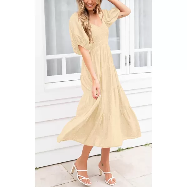 imagePRETTYGARDEN Womens Spring Dresses 2024 Puff Sleeve V Neck Swiss Dot High Waist Chiffon Dress Tiered Smocked Maxi DressesBeige