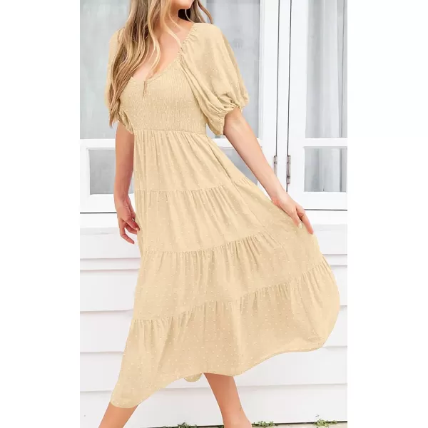 imagePRETTYGARDEN Womens Spring Dresses 2024 Puff Sleeve V Neck Swiss Dot High Waist Chiffon Dress Tiered Smocked Maxi DressesBeige