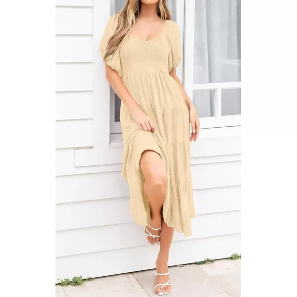 imagePRETTYGARDEN Womens Spring Dresses 2024 Puff Sleeve V Neck Swiss Dot High Waist Chiffon Dress Tiered Smocked Maxi DressesBeige