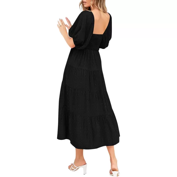 imagePRETTYGARDEN Womens Spring Dresses 2024 Puff Sleeve V Neck Swiss Dot High Waist Chiffon Dress Tiered Smocked Maxi DressesBlack