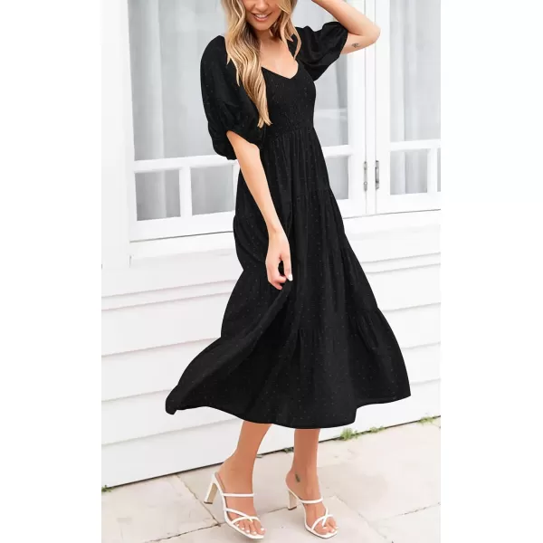 imagePRETTYGARDEN Womens Spring Dresses 2024 Puff Sleeve V Neck Swiss Dot High Waist Chiffon Dress Tiered Smocked Maxi DressesBlack