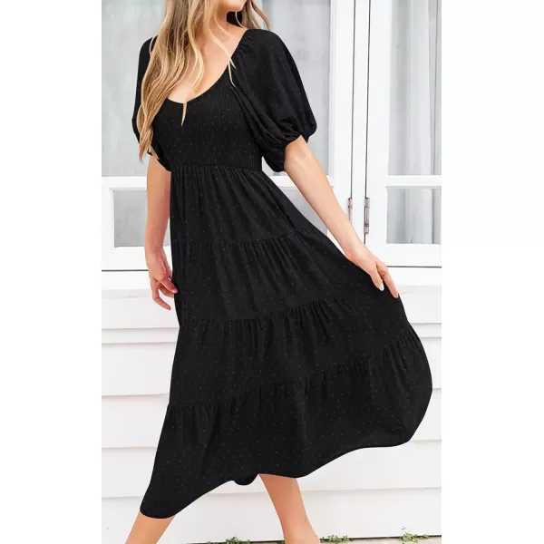 imagePRETTYGARDEN Womens Spring Dresses 2024 Puff Sleeve V Neck Swiss Dot High Waist Chiffon Dress Tiered Smocked Maxi DressesBlack