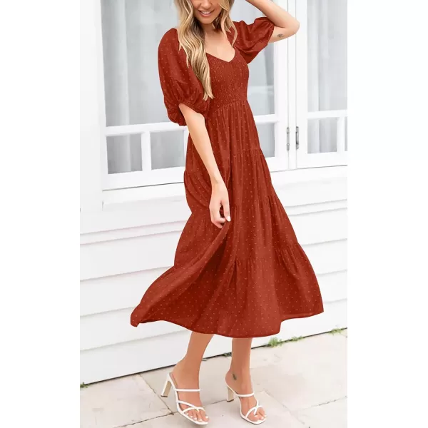 imagePRETTYGARDEN Womens Spring Dresses 2024 Puff Sleeve V Neck Swiss Dot High Waist Chiffon Dress Tiered Smocked Maxi DressesBrick Red
