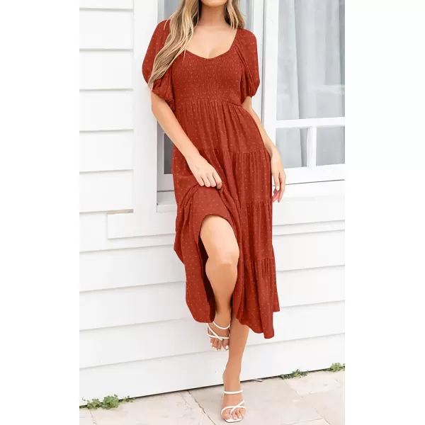 imagePRETTYGARDEN Womens Spring Dresses 2024 Puff Sleeve V Neck Swiss Dot High Waist Chiffon Dress Tiered Smocked Maxi DressesBrick Red