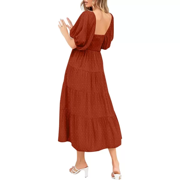 imagePRETTYGARDEN Womens Spring Dresses 2024 Puff Sleeve V Neck Swiss Dot High Waist Chiffon Dress Tiered Smocked Maxi DressesBrick Red