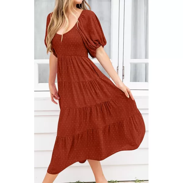 imagePRETTYGARDEN Womens Spring Dresses 2024 Puff Sleeve V Neck Swiss Dot High Waist Chiffon Dress Tiered Smocked Maxi DressesBrick Red