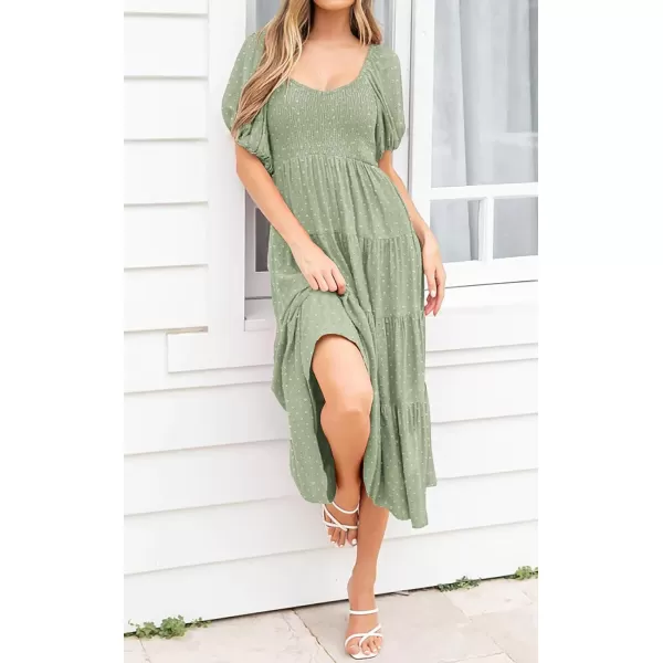imagePRETTYGARDEN Womens Spring Dresses 2024 Puff Sleeve V Neck Swiss Dot High Waist Chiffon Dress Tiered Smocked Maxi DressesGrey Green