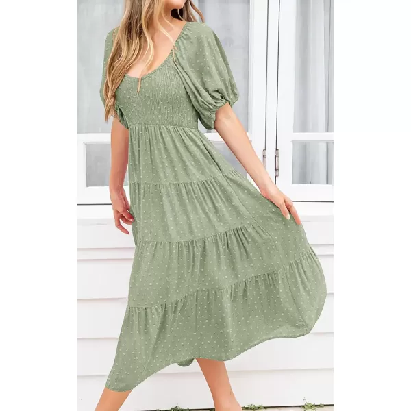 imagePRETTYGARDEN Womens Spring Dresses 2024 Puff Sleeve V Neck Swiss Dot High Waist Chiffon Dress Tiered Smocked Maxi DressesGrey Green
