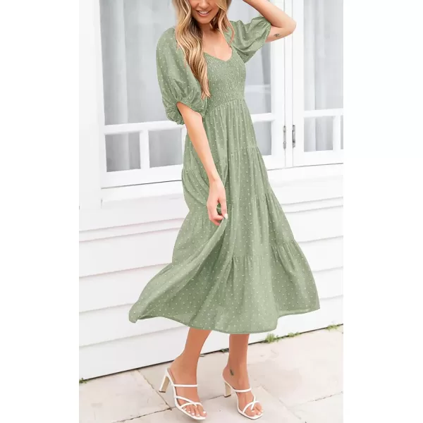 imagePRETTYGARDEN Womens Spring Dresses 2024 Puff Sleeve V Neck Swiss Dot High Waist Chiffon Dress Tiered Smocked Maxi DressesGrey Green
