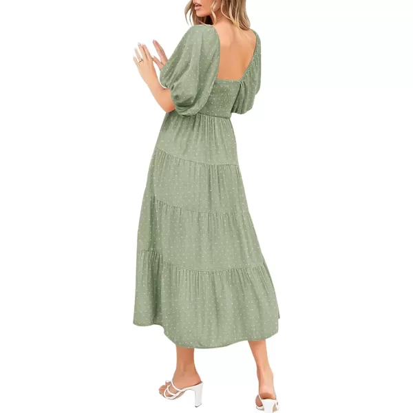 imagePRETTYGARDEN Womens Spring Dresses 2024 Puff Sleeve V Neck Swiss Dot High Waist Chiffon Dress Tiered Smocked Maxi DressesGrey Green