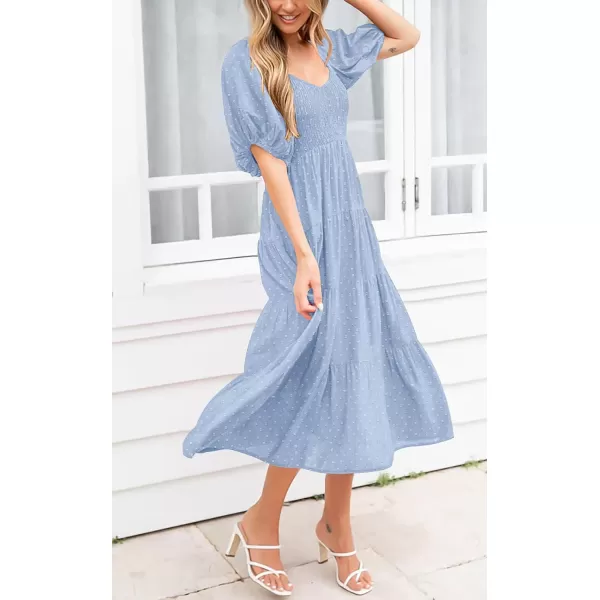 imagePRETTYGARDEN Womens Spring Dresses 2024 Puff Sleeve V Neck Swiss Dot High Waist Chiffon Dress Tiered Smocked Maxi DressesLight Blue