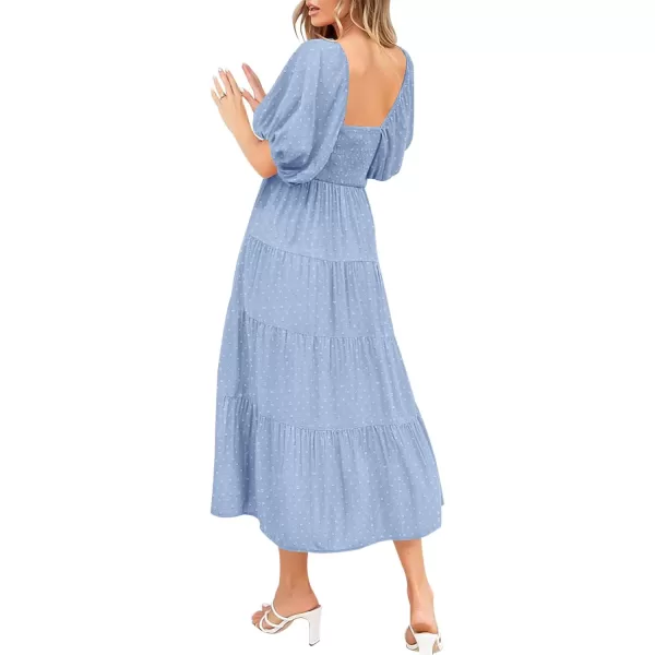 imagePRETTYGARDEN Womens Spring Dresses 2024 Puff Sleeve V Neck Swiss Dot High Waist Chiffon Dress Tiered Smocked Maxi DressesLight Blue