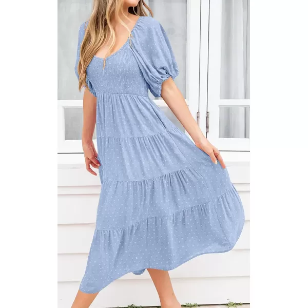imagePRETTYGARDEN Womens Spring Dresses 2024 Puff Sleeve V Neck Swiss Dot High Waist Chiffon Dress Tiered Smocked Maxi DressesLight Blue