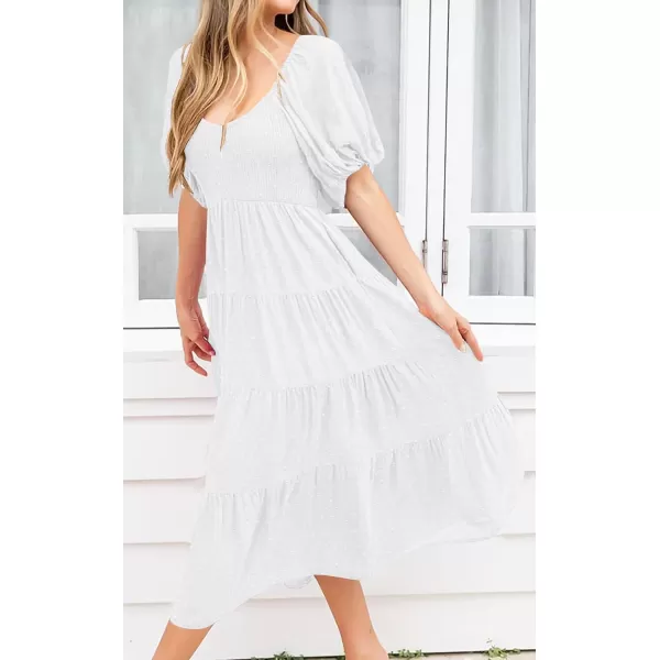 imagePRETTYGARDEN Womens Spring Dresses 2024 Puff Sleeve V Neck Swiss Dot High Waist Chiffon Dress Tiered Smocked Maxi DressesWhite