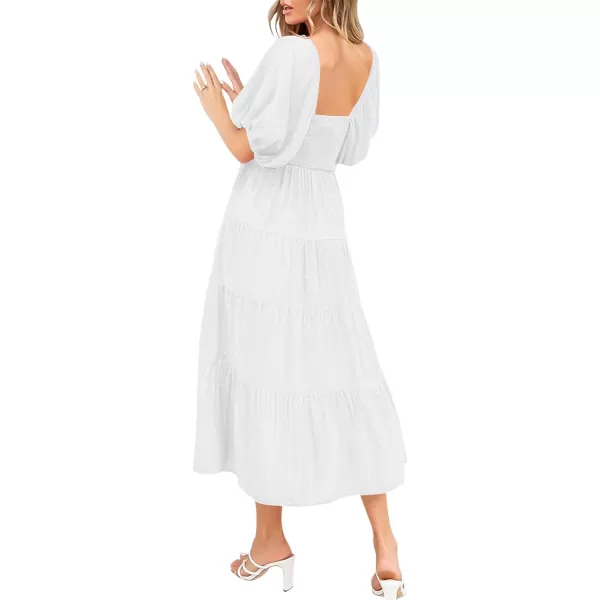imagePRETTYGARDEN Womens Spring Dresses 2024 Puff Sleeve V Neck Swiss Dot High Waist Chiffon Dress Tiered Smocked Maxi DressesWhite