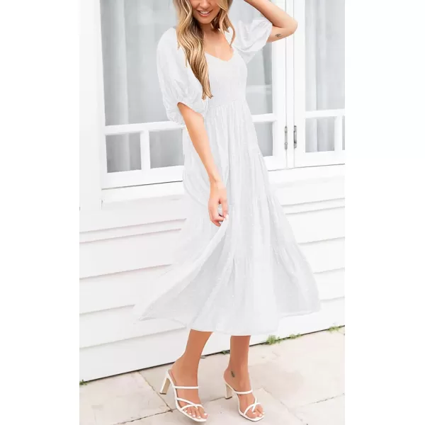 imagePRETTYGARDEN Womens Spring Dresses 2024 Puff Sleeve V Neck Swiss Dot High Waist Chiffon Dress Tiered Smocked Maxi DressesWhite