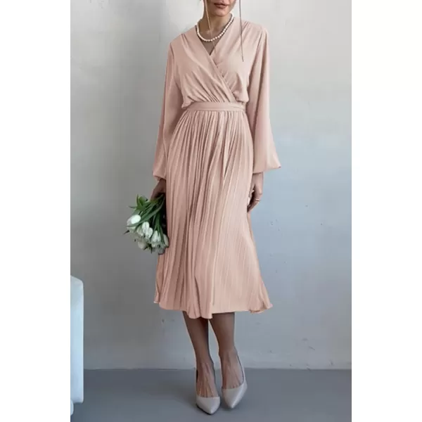 imagePRETTYGARDEN Womens Spring Midi Dress Long Puff Sleeve Wrap V Neck Flowy Ruffle Pleated Casual Fall DressesApricot