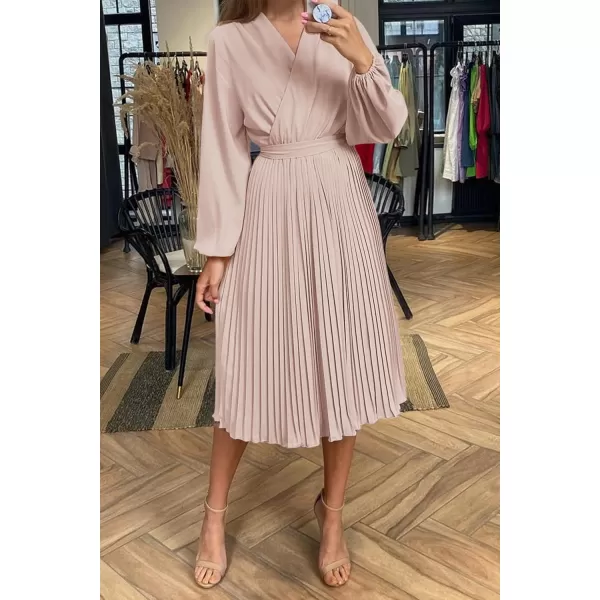 imagePRETTYGARDEN Womens Spring Midi Dress Long Puff Sleeve Wrap V Neck Flowy Ruffle Pleated Casual Fall DressesApricot