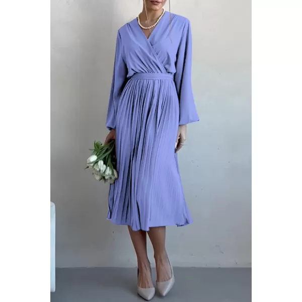 imagePRETTYGARDEN Womens Spring Midi Dress Long Puff Sleeve Wrap V Neck Flowy Ruffle Pleated Casual Fall DressesBlue