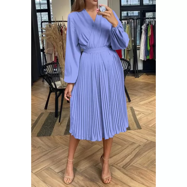 imagePRETTYGARDEN Womens Spring Midi Dress Long Puff Sleeve Wrap V Neck Flowy Ruffle Pleated Casual Fall DressesBlue
