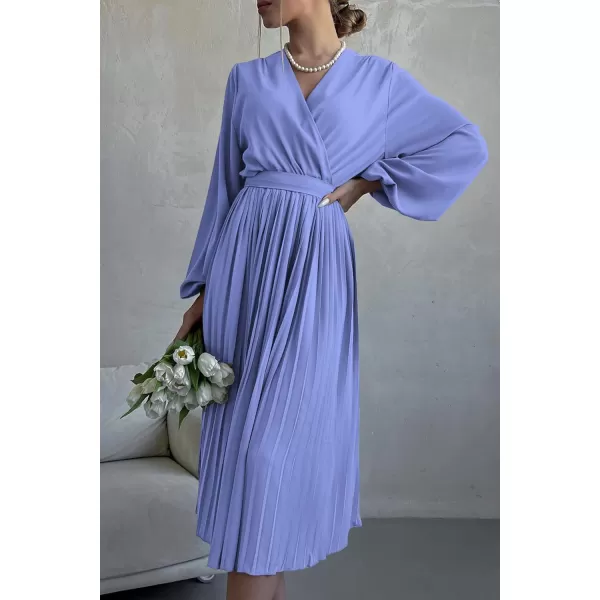 imagePRETTYGARDEN Womens Spring Midi Dress Long Puff Sleeve Wrap V Neck Flowy Ruffle Pleated Casual Fall DressesBlue