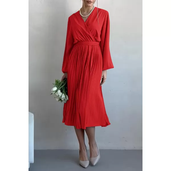 imagePRETTYGARDEN Womens Spring Midi Dress Long Puff Sleeve Wrap V Neck Flowy Ruffle Pleated Casual Fall DressesBright Red