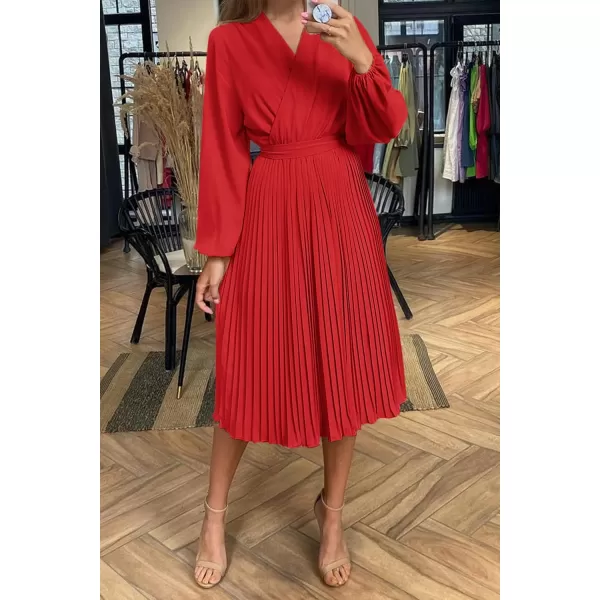 imagePRETTYGARDEN Womens Spring Midi Dress Long Puff Sleeve Wrap V Neck Flowy Ruffle Pleated Casual Fall DressesBright Red