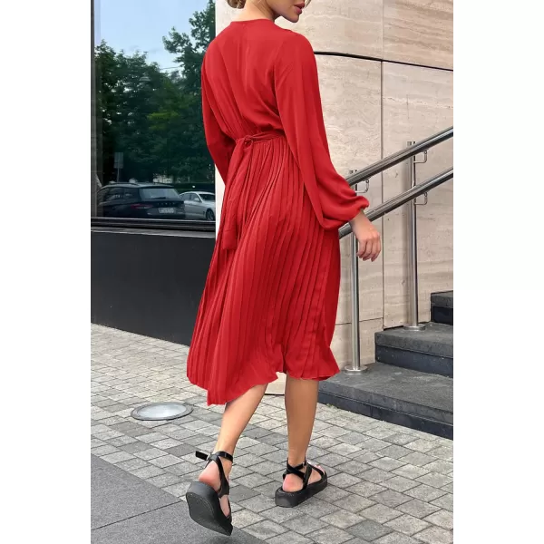 imagePRETTYGARDEN Womens Spring Midi Dress Long Puff Sleeve Wrap V Neck Flowy Ruffle Pleated Casual Fall DressesBright Red
