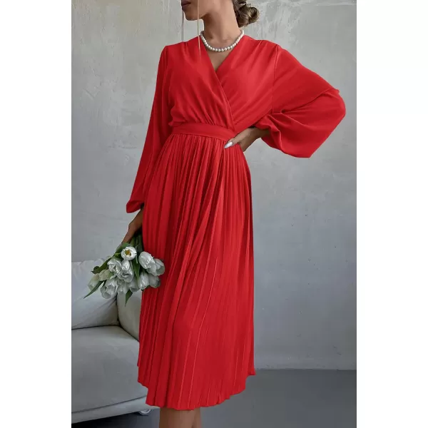 imagePRETTYGARDEN Womens Spring Midi Dress Long Puff Sleeve Wrap V Neck Flowy Ruffle Pleated Casual Fall DressesBright Red