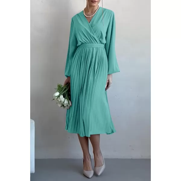 imagePRETTYGARDEN Womens Spring Midi Dress Long Puff Sleeve Wrap V Neck Flowy Ruffle Pleated Casual Fall DressesCyan