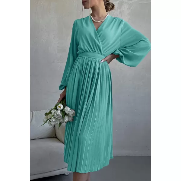 imagePRETTYGARDEN Womens Spring Midi Dress Long Puff Sleeve Wrap V Neck Flowy Ruffle Pleated Casual Fall DressesCyan