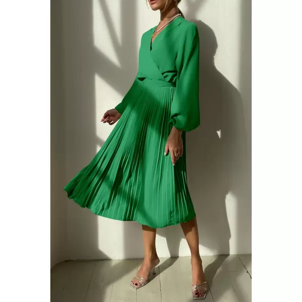 imagePRETTYGARDEN Womens Spring Midi Dress Long Puff Sleeve Wrap V Neck Flowy Ruffle Pleated Casual Fall DressesGreen