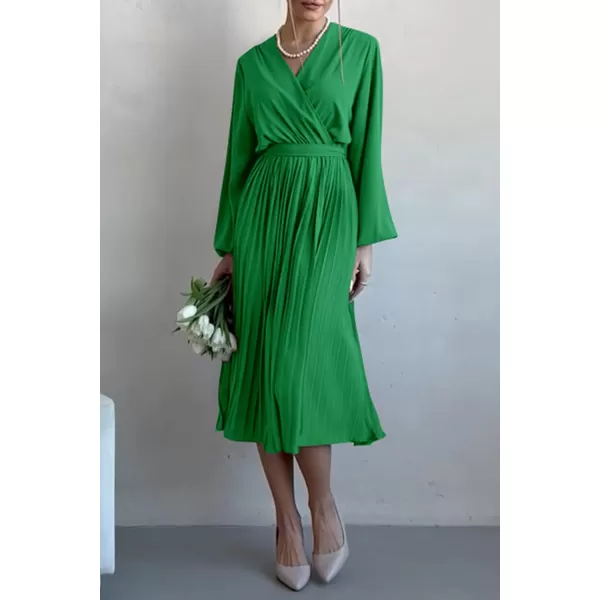 imagePRETTYGARDEN Womens Spring Midi Dress Long Puff Sleeve Wrap V Neck Flowy Ruffle Pleated Casual Fall DressesGreen