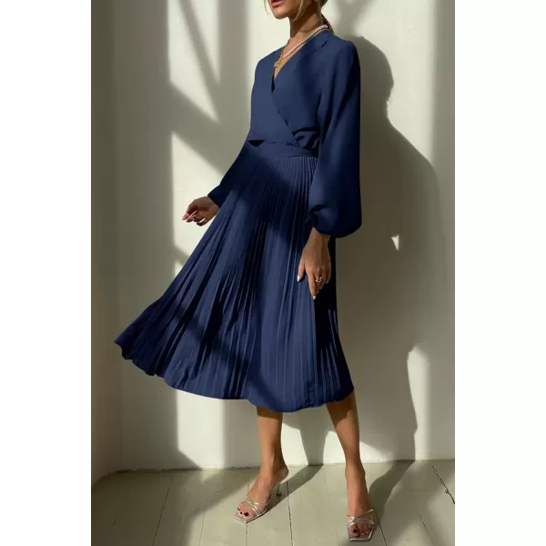 imagePRETTYGARDEN Womens Spring Midi Dress Long Puff Sleeve Wrap V Neck Flowy Ruffle Pleated Casual Fall DressesNavy